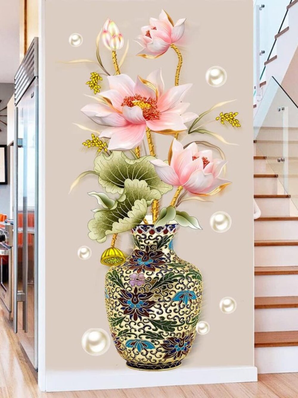 Chinese Style Lotus Flower Classical Vase Wall Sticker Pearl Living Room Art Wal